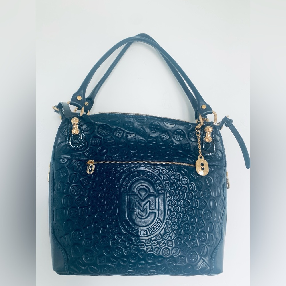 MARINO ORLANDI MADE IN ITALY CROC EMBOSSED LEATHER DOUBLE ZIP TOTE BLUE